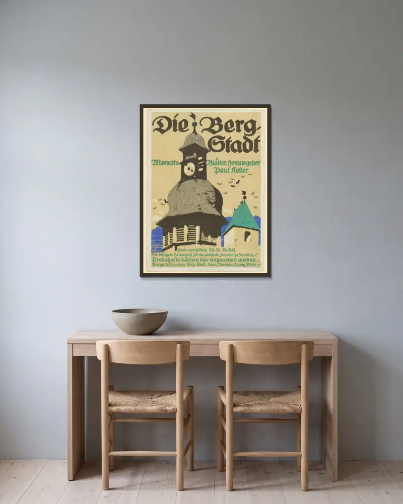 Die Bergstadt. Månadsblad av Ludwig Hohlwein inramad på en vägg