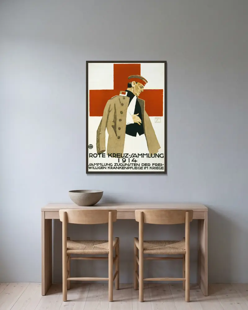 Rote Kreuz-Sammlung 1914. Sammlung zugunsten der Freiwilligen Krankenpflege im Kriege von Ludwig Hohlwein gerahmt an einer Wand