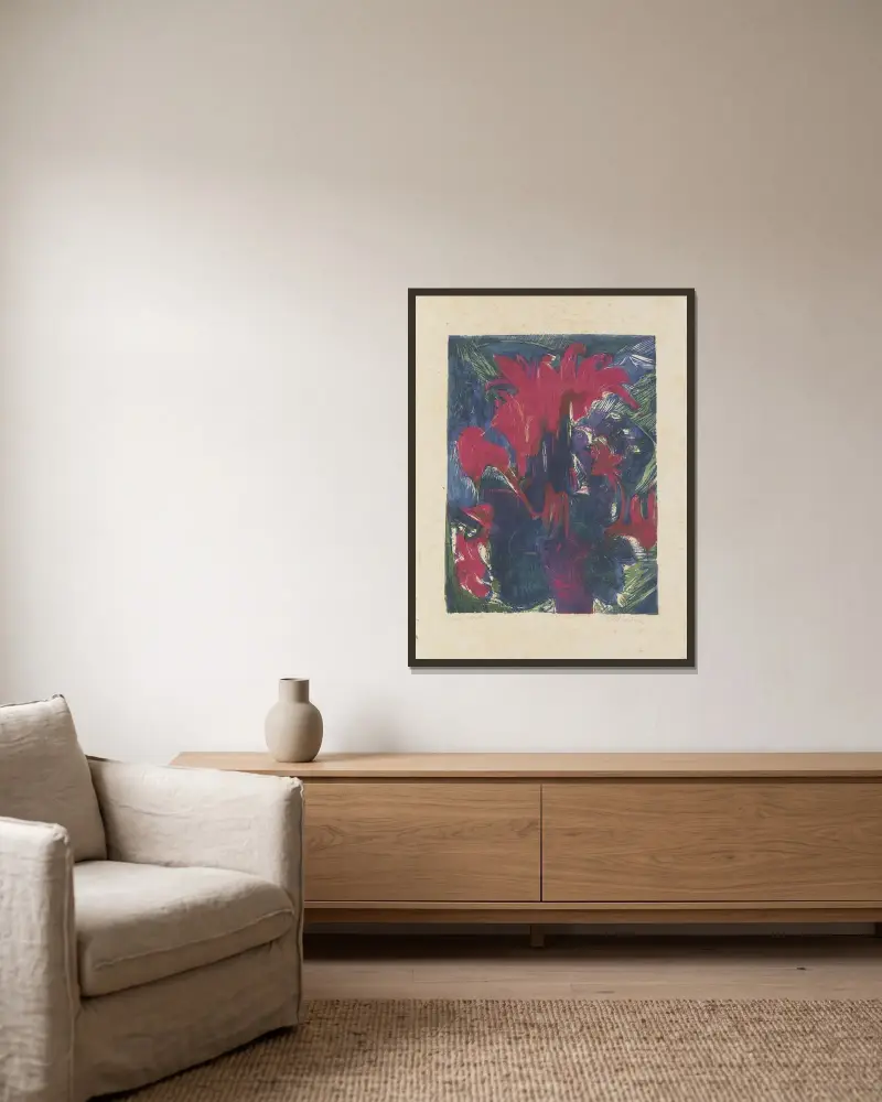 Alpenveilchen av Ernst Ludwig Kirchner inramad på en vägg