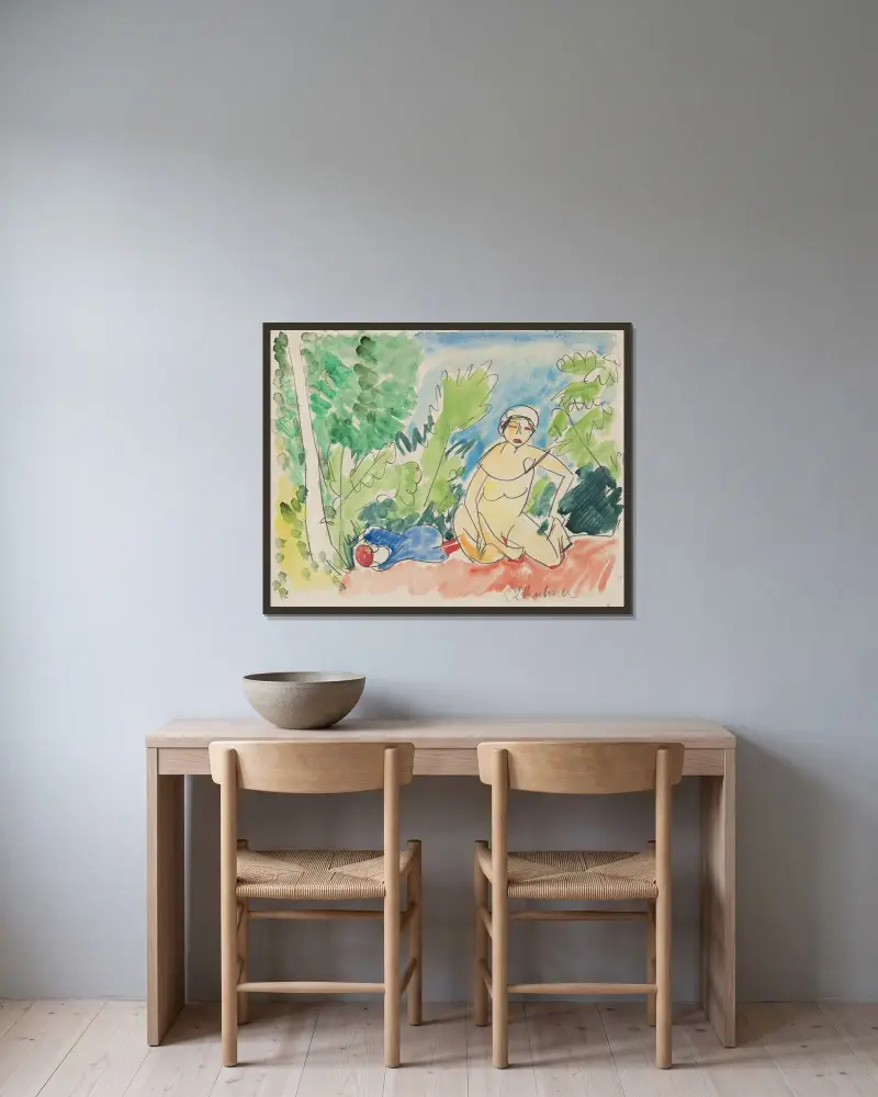 Badende am See av Ernst Ludwig Kirchner inramad på en vägg