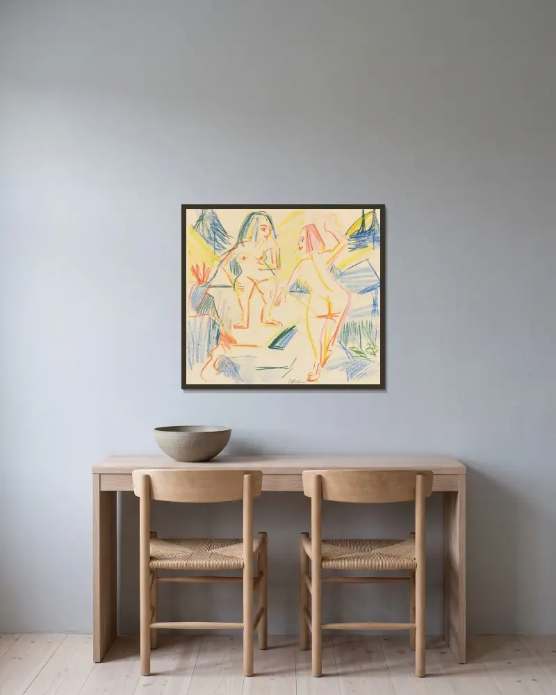 Badende in Felsen av Ernst Ludwig Kirchner inramad på en vägg