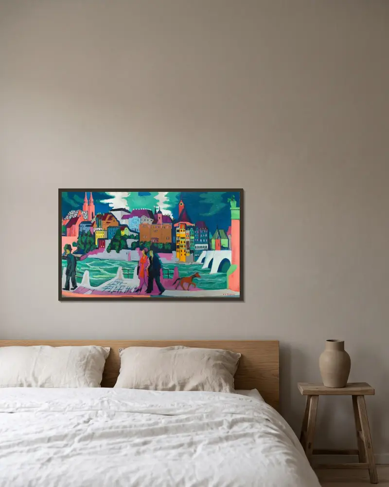Basel with the Rhine av Ernst Ludwig Kirchner inramad på en vägg
