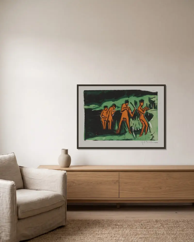 Bathers Tossing Reeds av Ernst Ludwig Kirchner inramad på en vägg