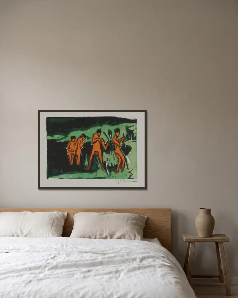 Bathers Tossing Reeds av Ernst Ludwig Kirchner inramad på en vägg