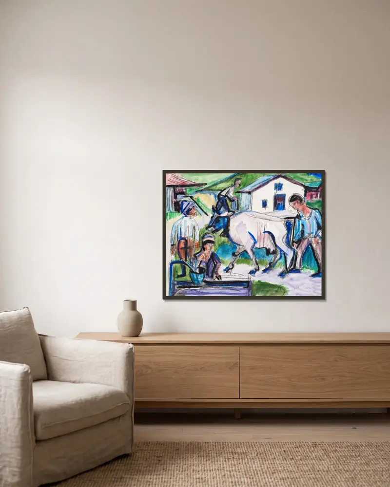 Bauern mit Kuh av Ernst Ludwig Kirchner inramad på en vägg