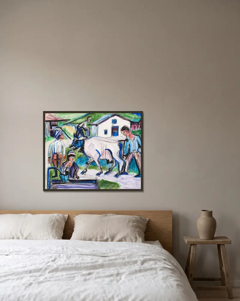 Bauern mit Kuh av Ernst Ludwig Kirchner inramad på en vägg