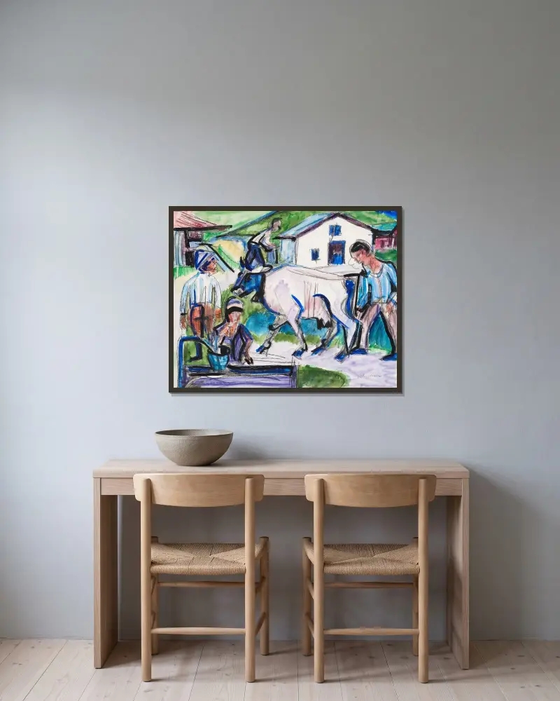 Bauern mit Kuh av Ernst Ludwig Kirchner inramad på en vägg