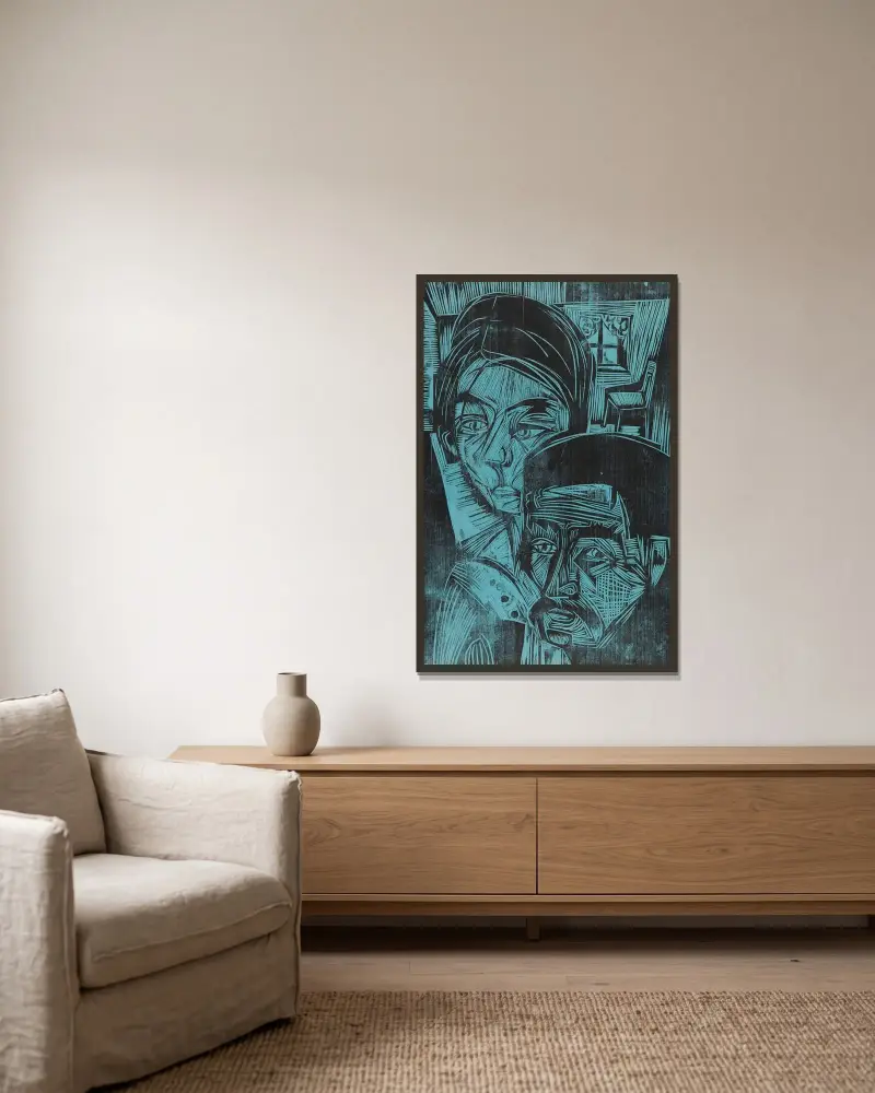 Bondpar i stugan (Andres och Annamargret Müller) av Ernst Ludwig Kirchner inramad på en vägg