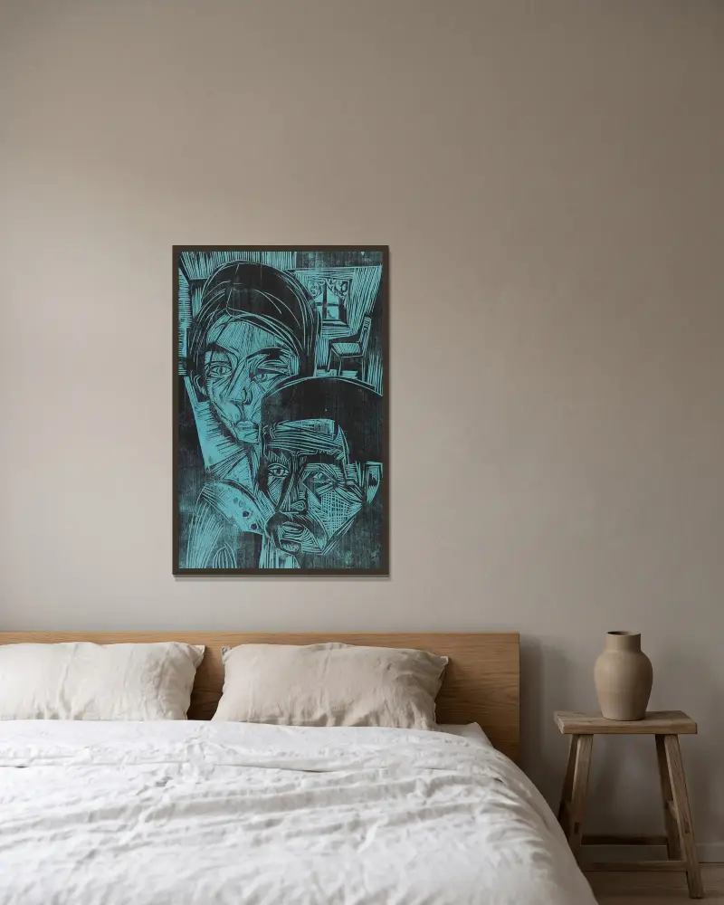 Bondpar i stugan (Andres och Annamargret Müller) av Ernst Ludwig Kirchner inramad på en vägg