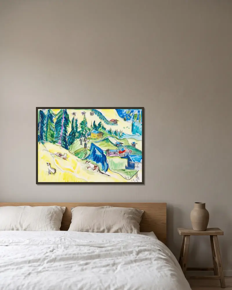 Bergsäng med hyddor och katter av Ernst Ludwig Kirchner inramad på en vägg