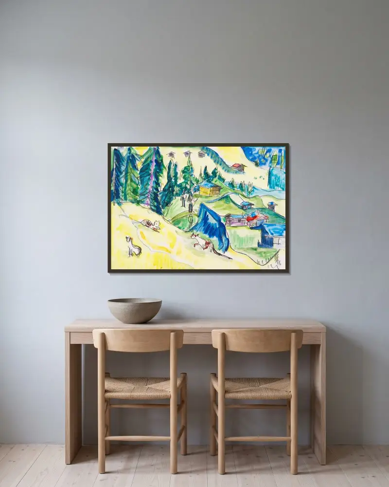 Bergsäng med hyddor och katter av Ernst Ludwig Kirchner inramad på en vägg