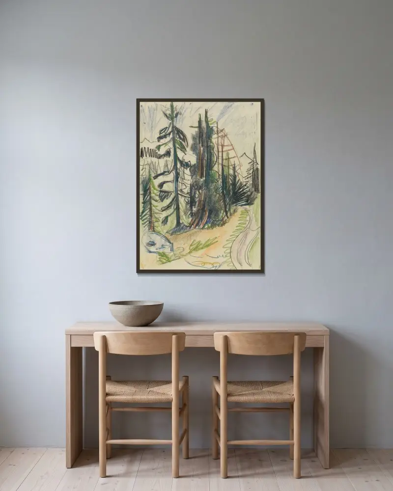 Bergtannen und Weg von Ernst Ludwig Kirchner gerahmt an einer Wand
