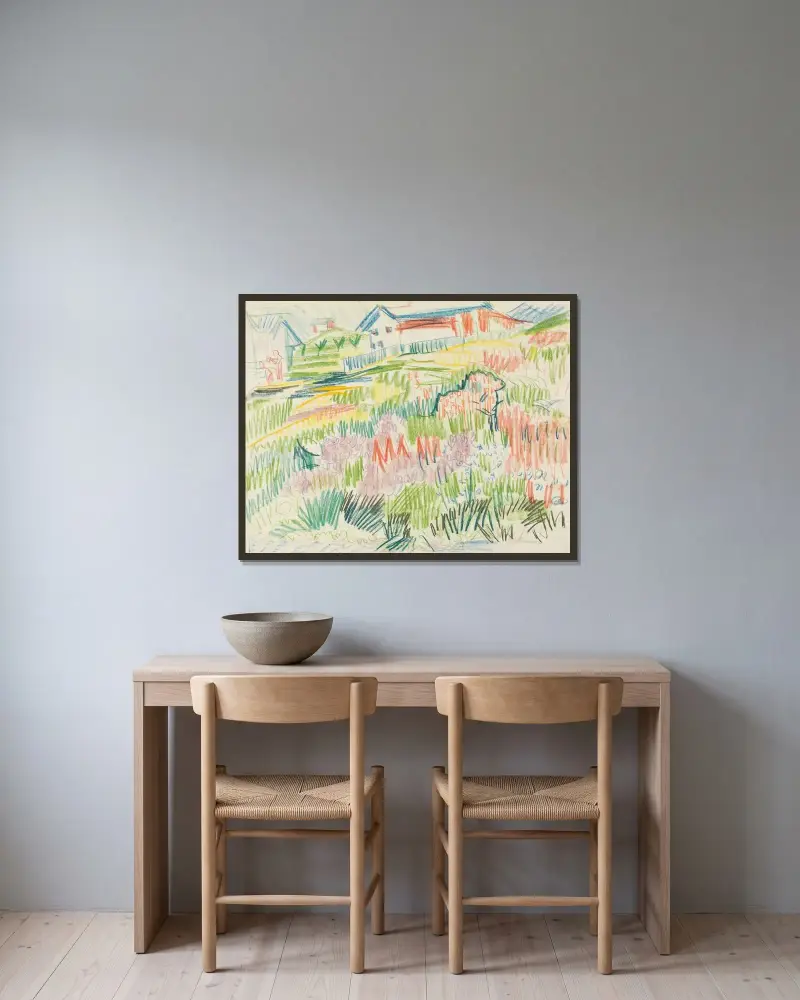 Blumenwiese mit Häusern av Ernst Ludwig Kirchner inramad på en vägg