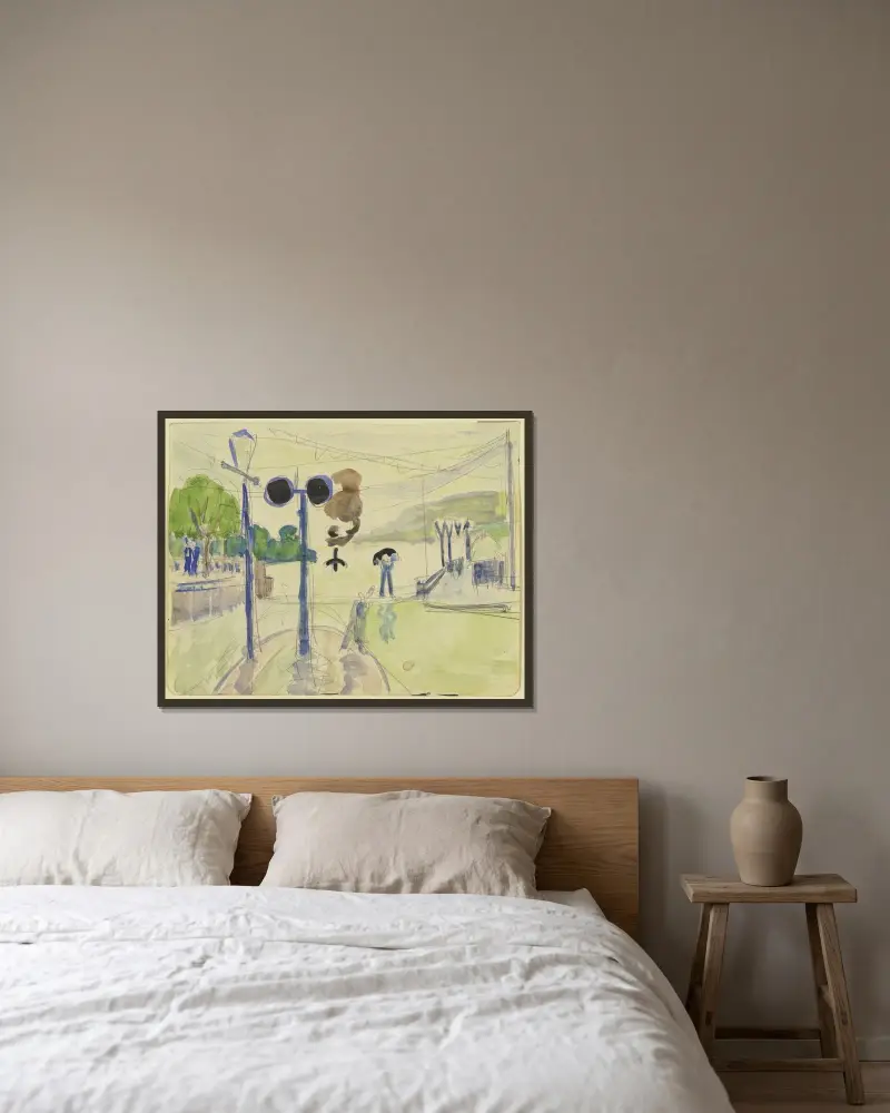 Dampferanlegestelle im Regen von Ernst Ludwig Kirchner gerahmt an einer Wand