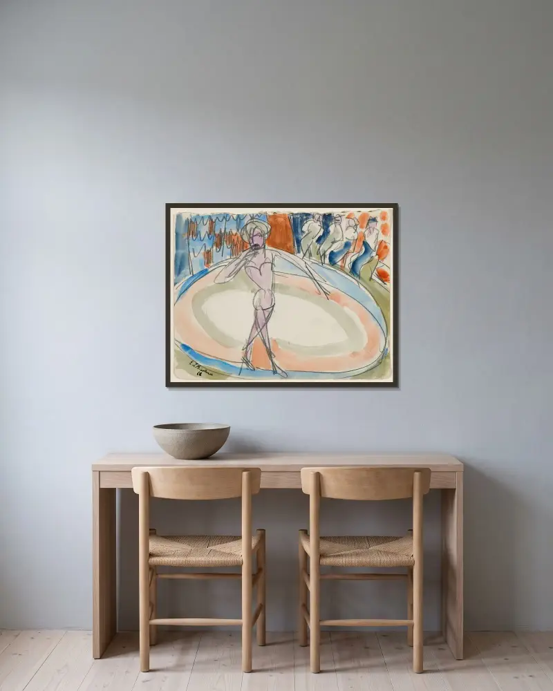 Dansande kvinna på kabarén av Ernst Ludwig Kirchner inramad på en vägg