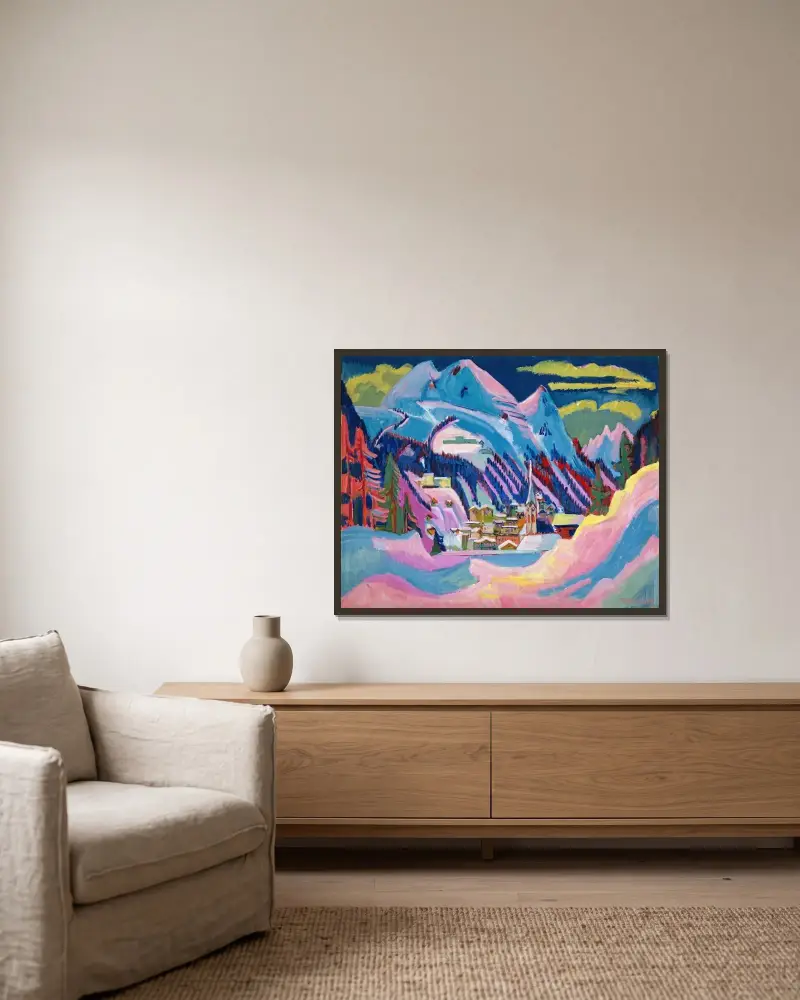 Davos på vintern. Davos i snö av Ernst Ludwig Kirchner inramad på en vägg