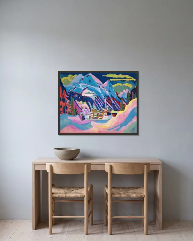 Davos på vintern. Davos i snö av Ernst Ludwig Kirchner inramad på en vägg