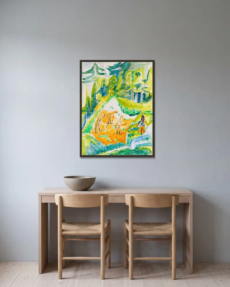 Davoslandskap med bergbönder av Ernst Ludwig Kirchner inramad på en vägg