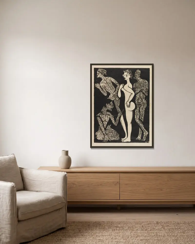 Die Frau und die Männer von Ernst Ludwig Kirchner gerahmt an einer Wand