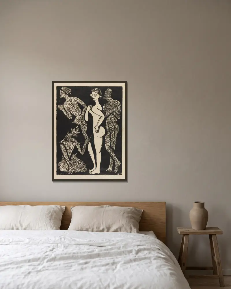 Die Frau und die Männer von Ernst Ludwig Kirchner gerahmt an einer Wand