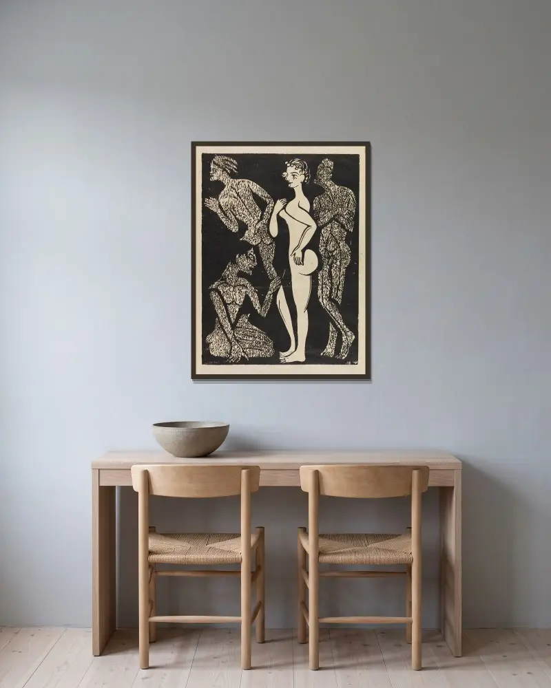 Die Frau und die Männer von Ernst Ludwig Kirchner gerahmt an einer Wand
