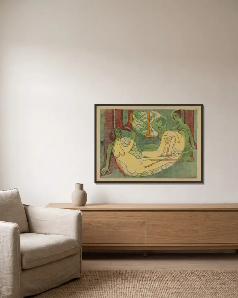 Drei Akte im Walde von Ernst Ludwig Kirchner gerahmt an einer Wand