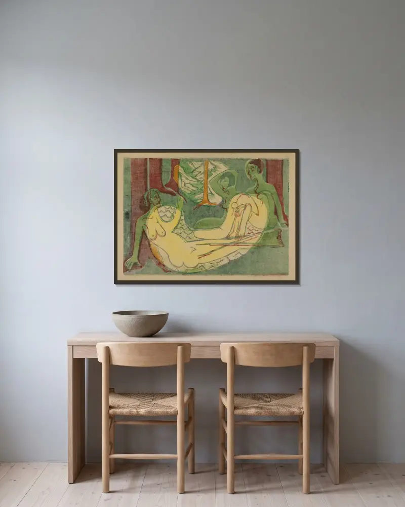 Drei Akte im Walde von Ernst Ludwig Kirchner gerahmt an einer Wand