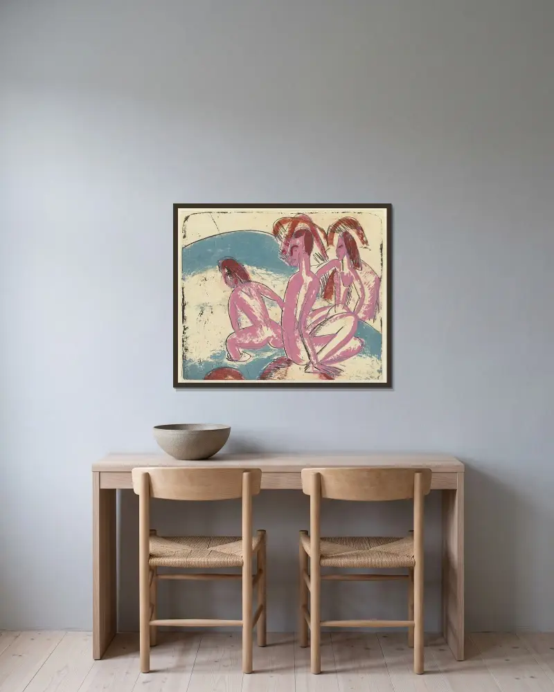Drei Badende an Steinen, Fehmarn von Ernst Ludwig Kirchner gerahmt an einer Wand
