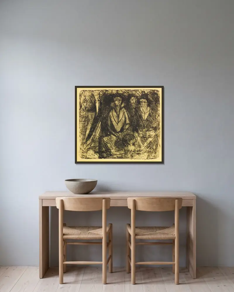 Tre kvinnor i kafégården – trädgårdsrestaurang Schlachtensee av Ernst Ludwig Kirchner inramad på en vägg