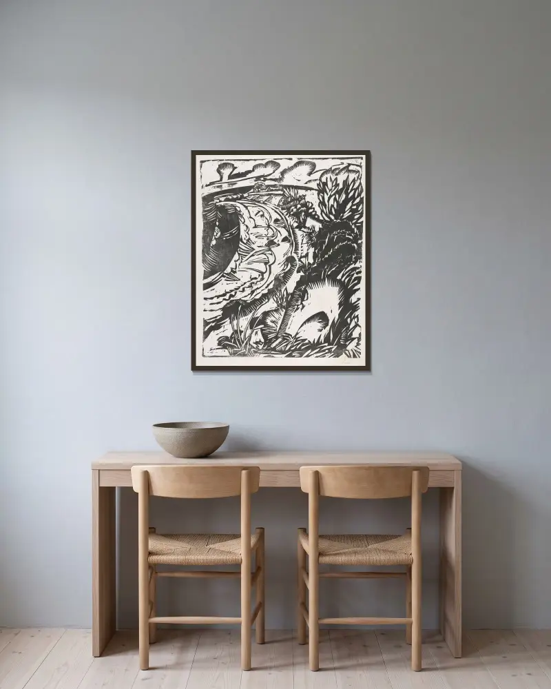 Dünenlandschaft mit geschwungener Bucht von Ernst Ludwig Kirchner gerahmt an einer Wand