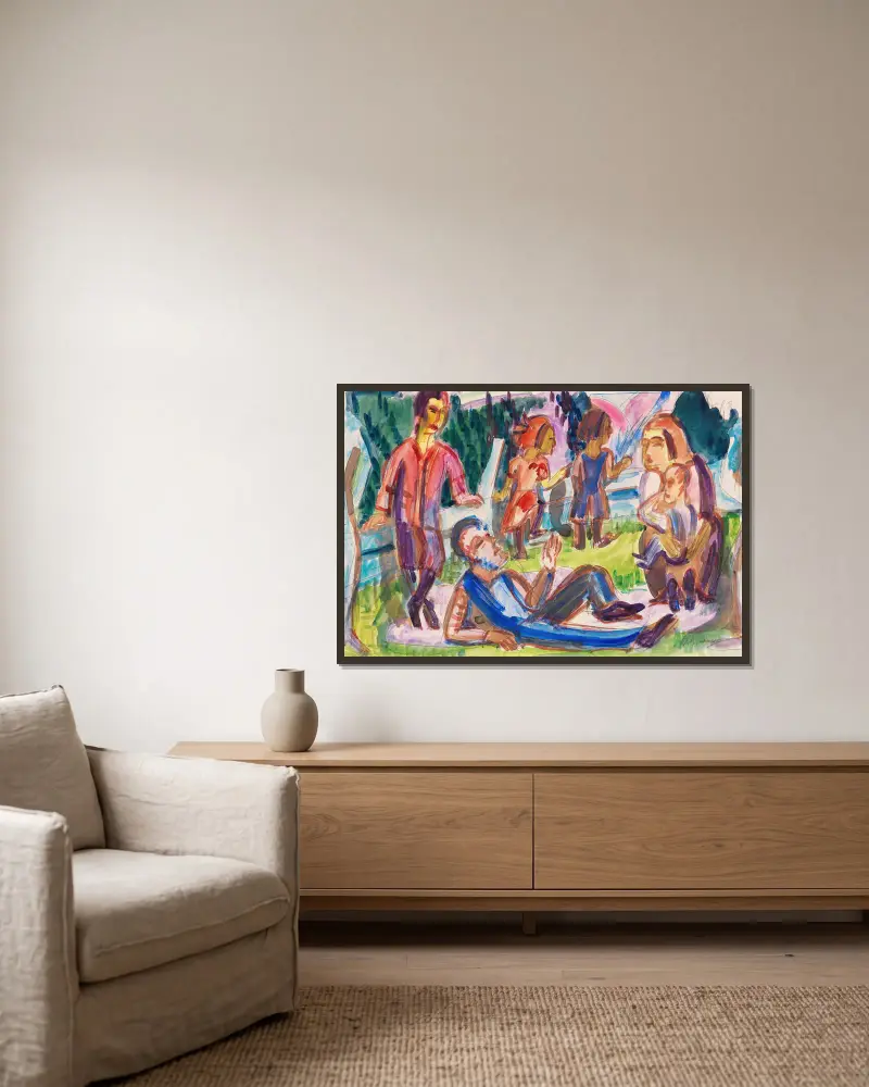 Familj på ängen av Ernst Ludwig Kirchner inramad på en vägg