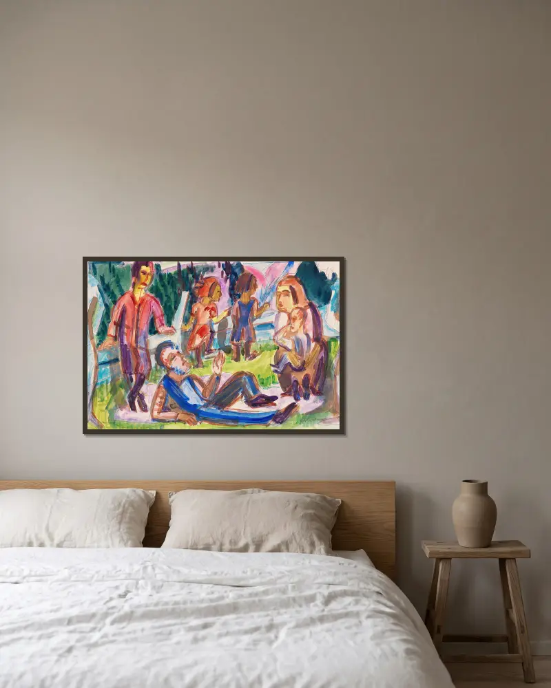 Familj på ängen av Ernst Ludwig Kirchner inramad på en vägg