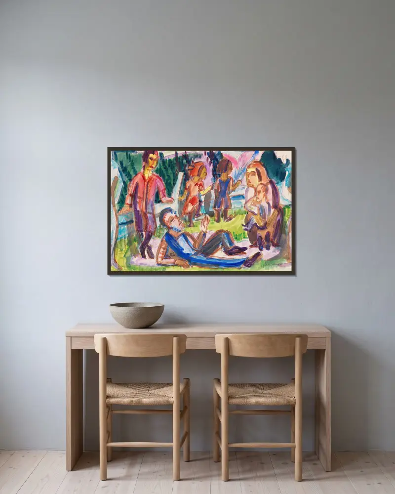 Familj på ängen av Ernst Ludwig Kirchner inramad på en vägg