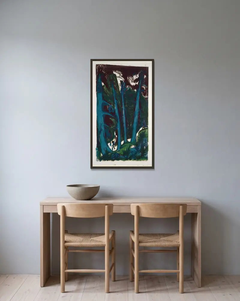 Fir Trees av Ernst Ludwig Kirchner inramad på en vägg