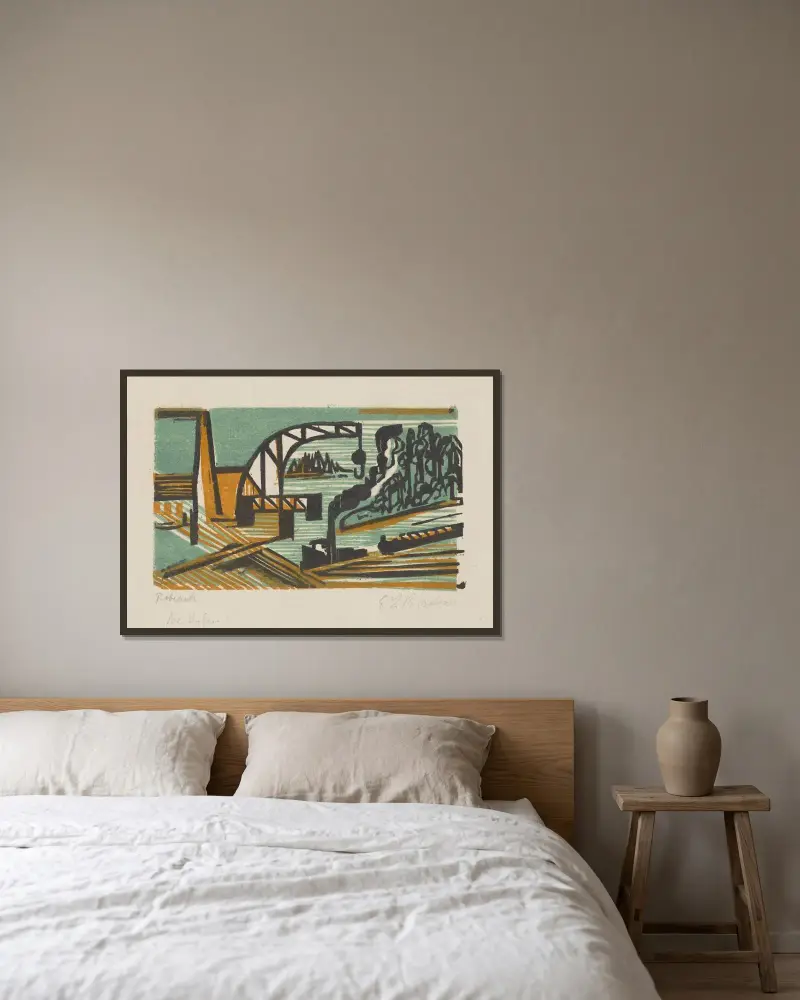 Flodlandskap med kran och bogserbåt av Ernst Ludwig Kirchner inramad på en vägg