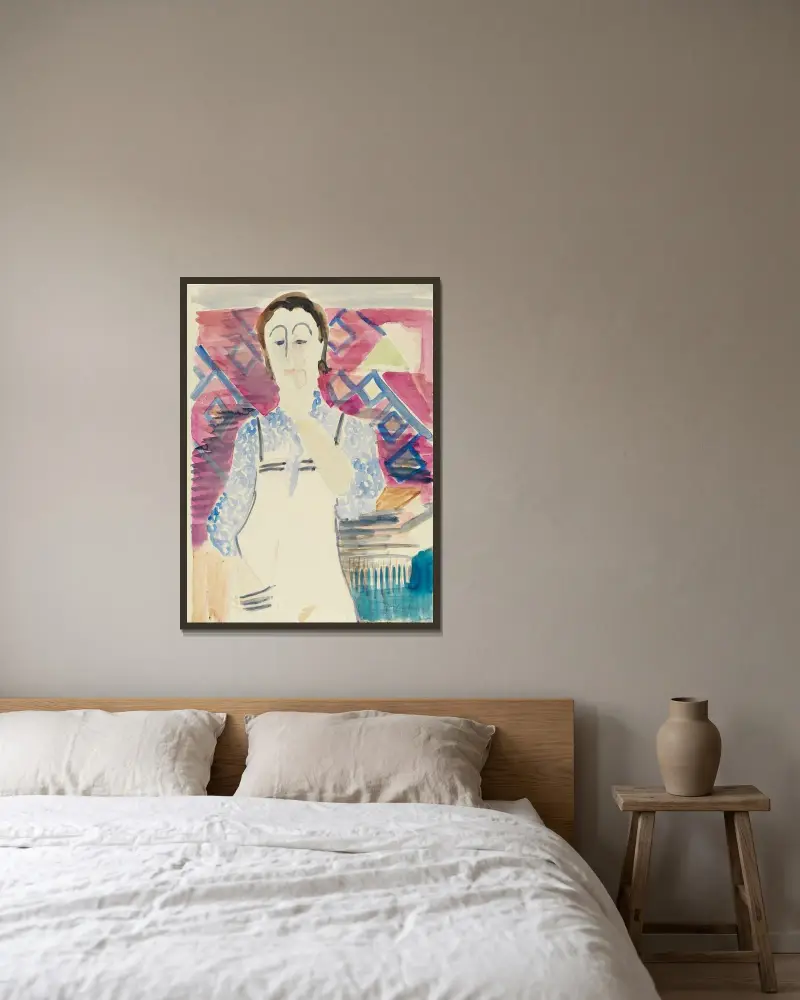 Frau mit Schürze (Erna Kirchner) av Ernst Ludwig Kirchner inramad på en vägg