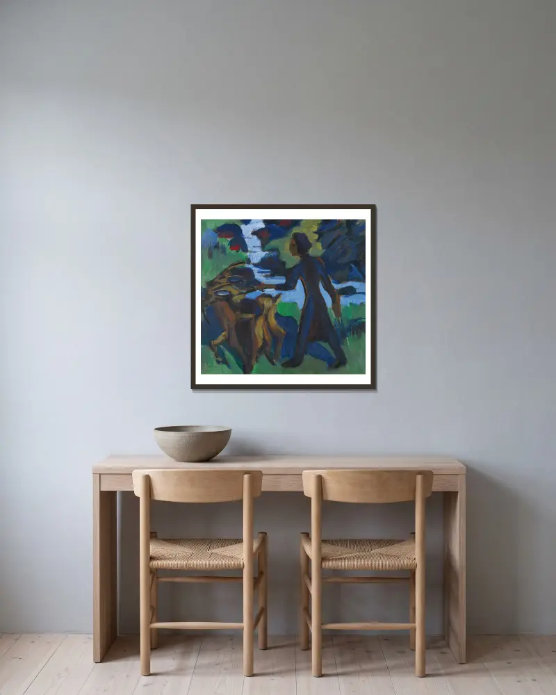 Frau mit Ziege von Ernst Ludwig Kirchner gerahmt an einer Wand