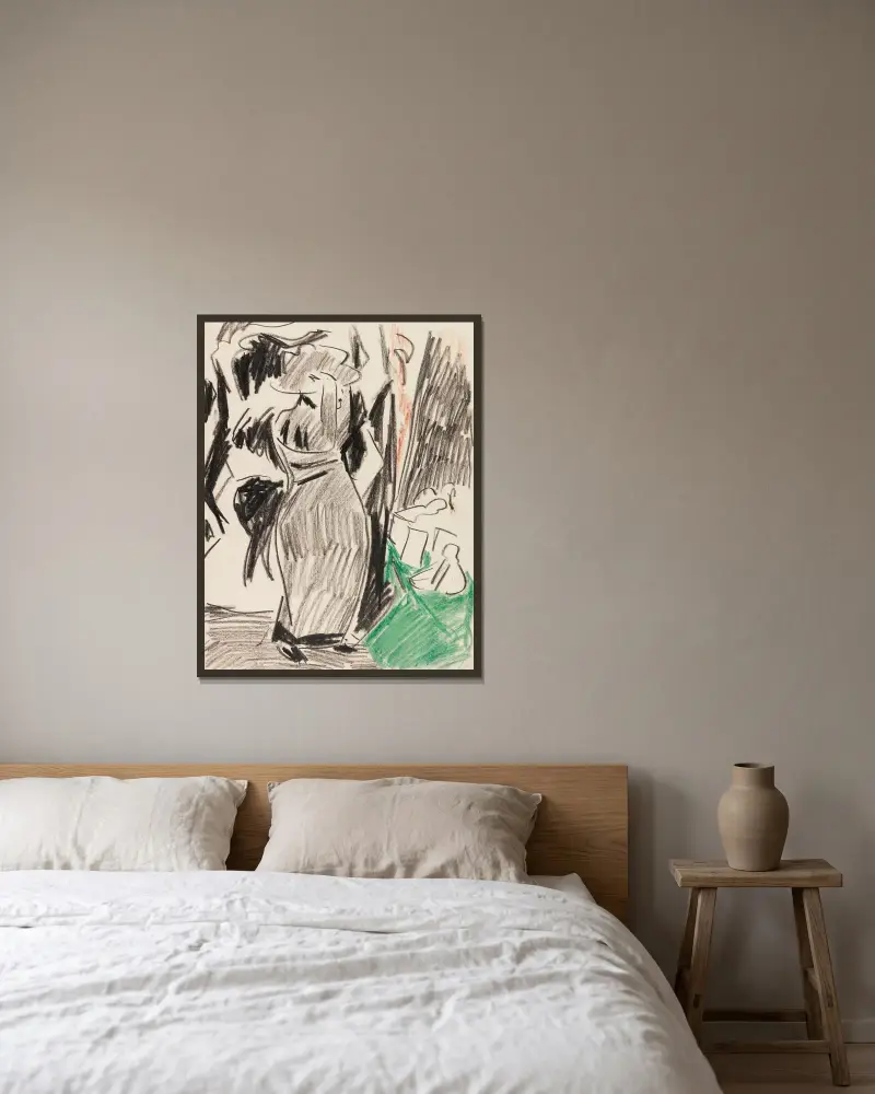 Frau vor dem Spiegel av Ernst Ludwig Kirchner inramad på en vägg