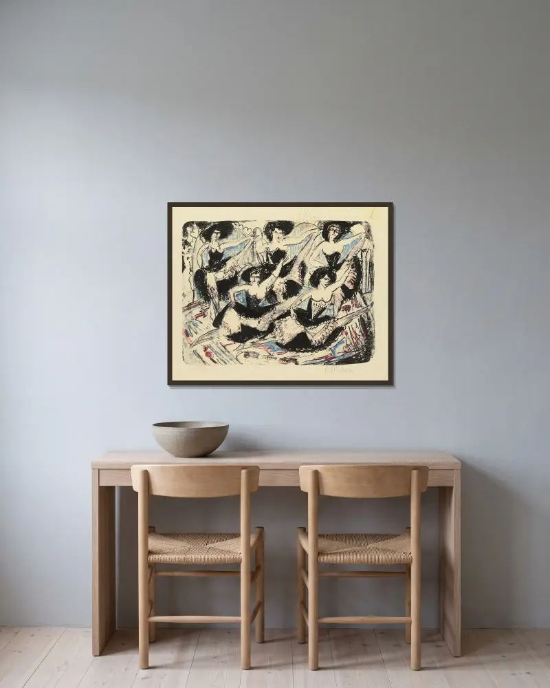 Fem dansöser i parad – Fem spagatdansöser av Ernst Ludwig Kirchner inramad på en vägg