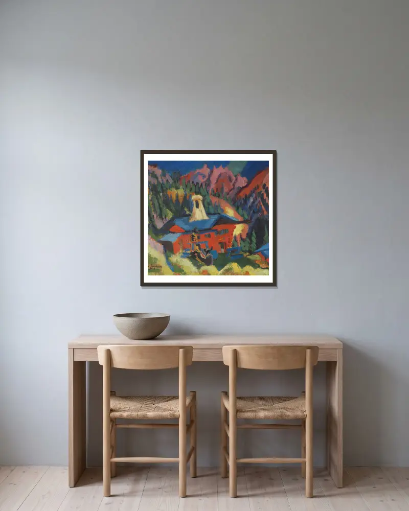 Haus auf der Staffel av Ernst Ludwig Kirchner inramad på en vägg