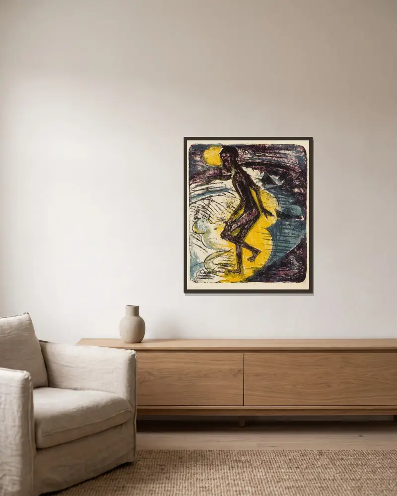 Ins Meer Schreitender (Hans Gewecke) av Ernst Ludwig Kirchner inramad på en vägg