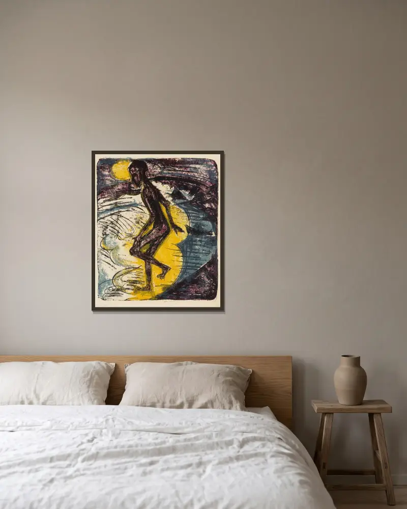 Ins Meer Schreitender (Hans Gewecke) av Ernst Ludwig Kirchner inramad på en vägg