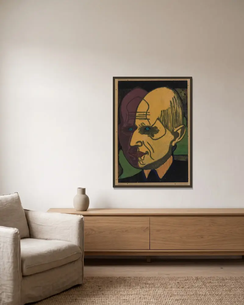 Kopf Dr. Bauer, Farbstock II av Ernst Ludwig Kirchner inramad på en vägg