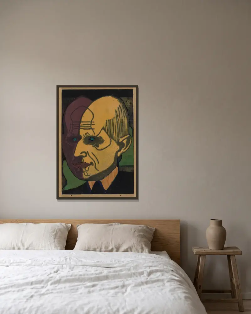 Kopf Dr. Bauer, Farbstock II av Ernst Ludwig Kirchner inramad på en vägg