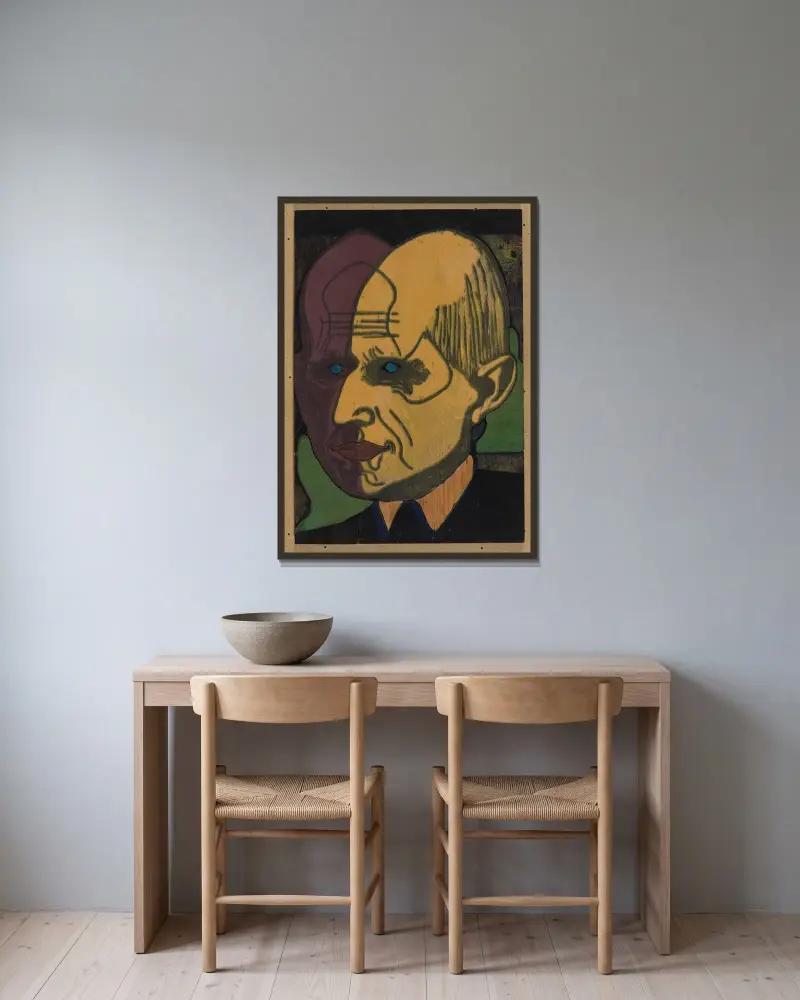 Kopf Dr. Bauer, Farbstock II av Ernst Ludwig Kirchner inramad på en vägg