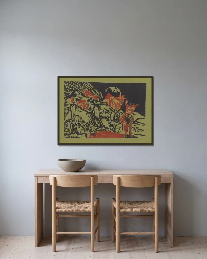 Kuhherde mit einem Hirten av Ernst Ludwig Kirchner inramad på en vägg