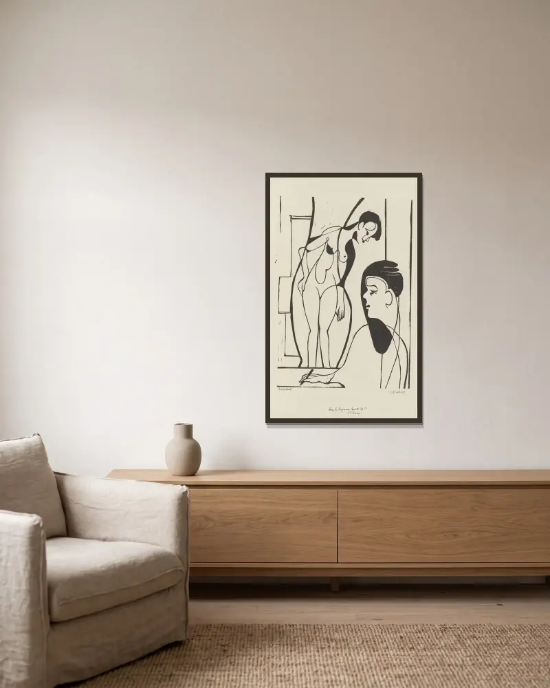 Künstler und Modell av Ernst Ludwig Kirchner inramad på en vägg