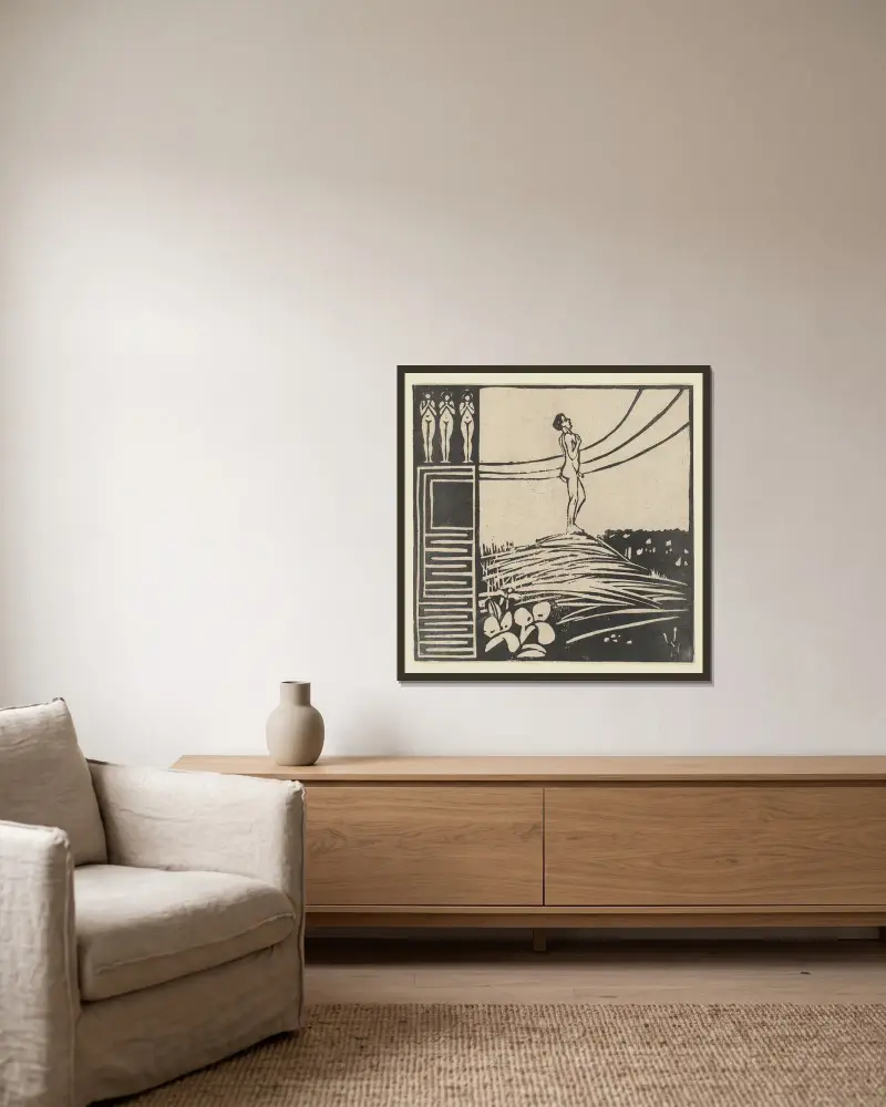Männliche Figur auf einem Berg (Sehnsucht). Aus der Serie „Zwei Menschen“ von Ernst Ludwig Kirchner gerahmt an einer Wand