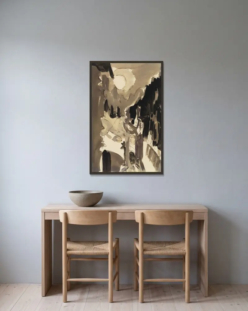 Par i månsken framför huset av Ernst Ludwig Kirchner inramad på en vägg