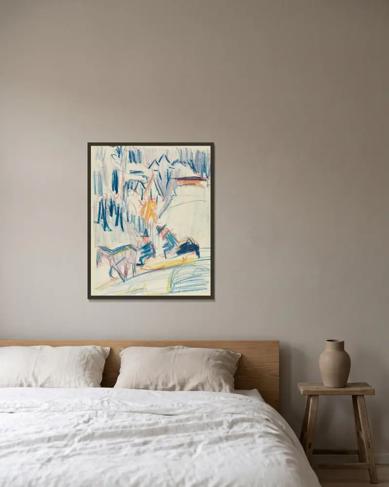 Hästsläde med två män i högfjället av Ernst Ludwig Kirchner inramad på en vägg